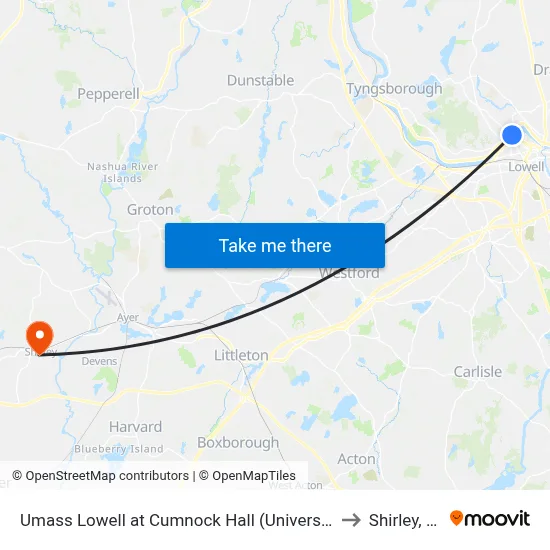 Umass Lowell at Cumnock Hall (University Ave) to Shirley, MA map