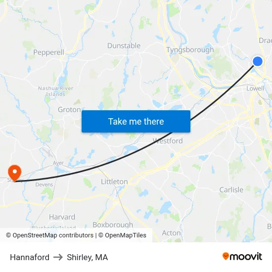 Hannaford to Shirley, MA map