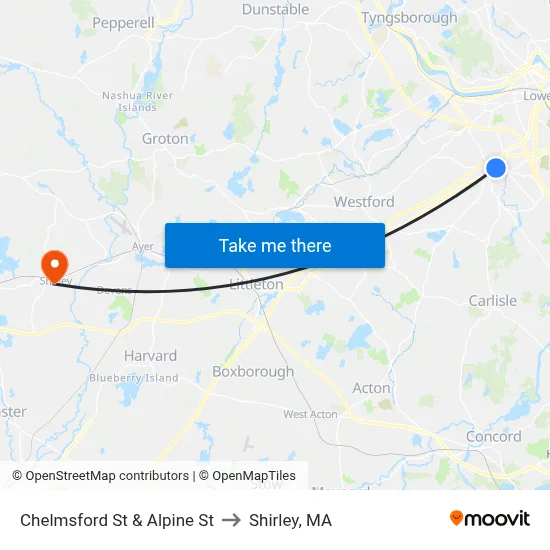 Chelmsford St & Alpine St to Shirley, MA map