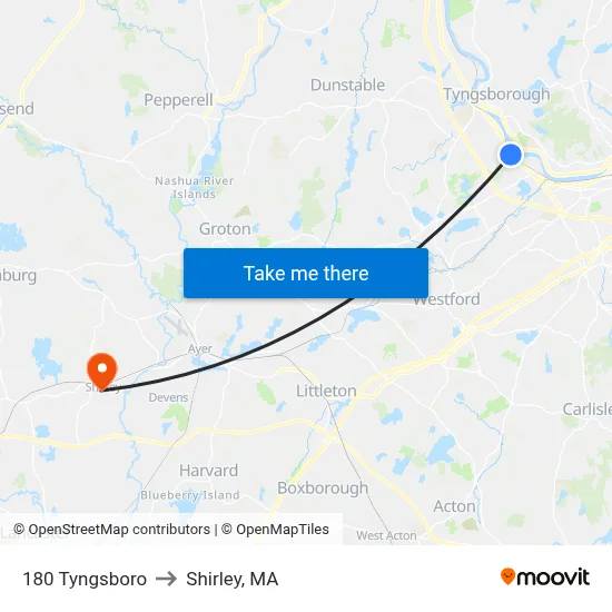 180 Tyngsboro to Shirley, MA map