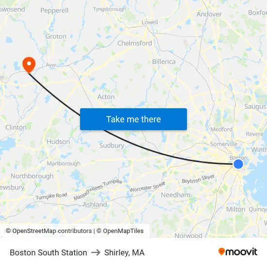Boston South Station to Shirley, MA map
