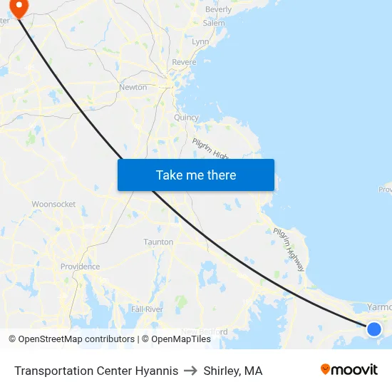 Transportation Center Hyannis to Shirley, MA map