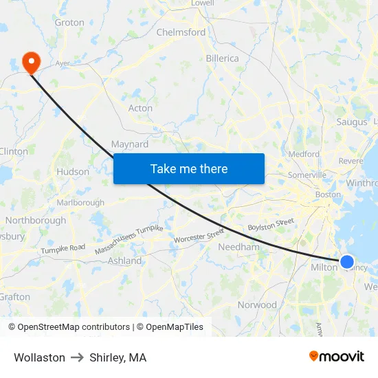 Wollaston to Shirley, MA map