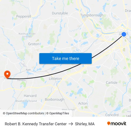 Robert B. Kennedy Transfer Center to Shirley, MA map