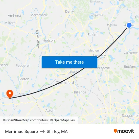 Merrimac Square to Shirley, MA map