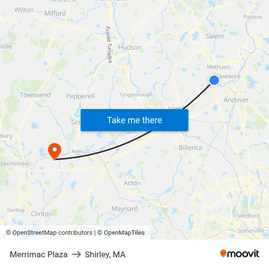 Merrimac Plaza to Shirley, MA map