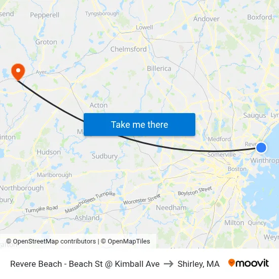 Revere Beach - Beach St @ Kimball Ave to Shirley, MA map