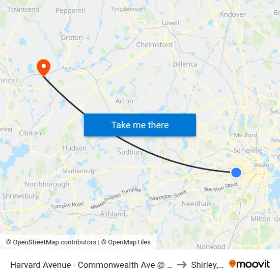 Harvard Avenue - Commonwealth Ave @ Harvard Ave to Shirley, MA map