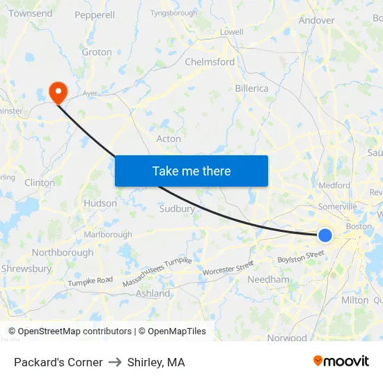 Packard's Corner to Shirley, MA map