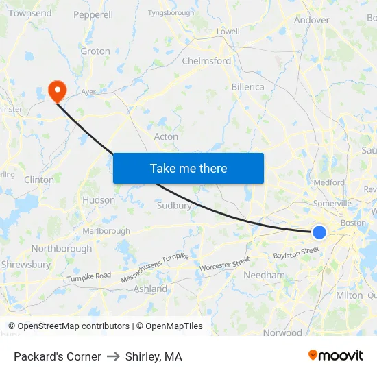 Packard's Corner to Shirley, MA map