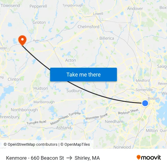 Kenmore - 660 Beacon St to Shirley, MA map