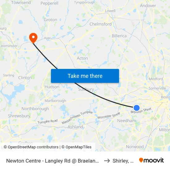 Newton Centre - Langley Rd @ Braeland Ave to Shirley, MA map