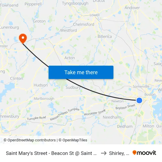 Saint Mary's Street - Beacon St @ Saint Mary's St to Shirley, MA map