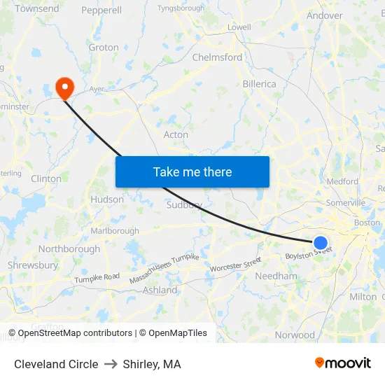 Cleveland Circle to Shirley, MA map