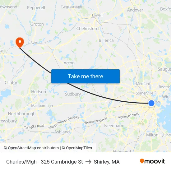 Charles/Mgh - 325 Cambridge St to Shirley, MA map
