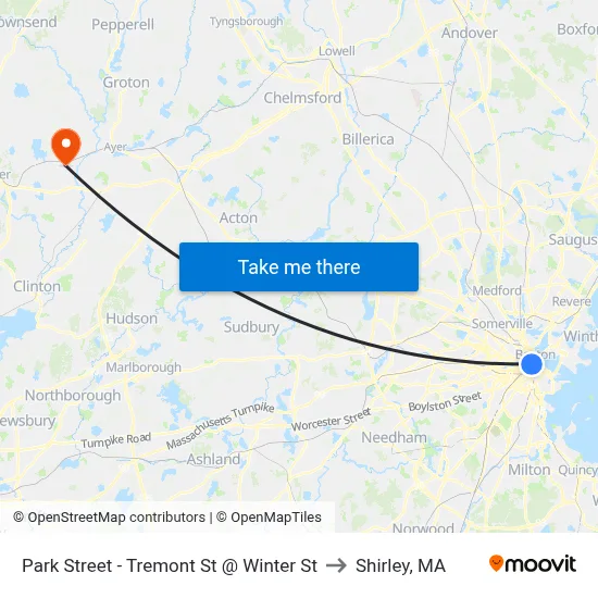 Park Street - Tremont St @ Winter St to Shirley, MA map