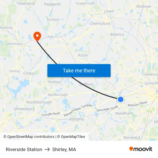Riverside Station to Shirley, MA map