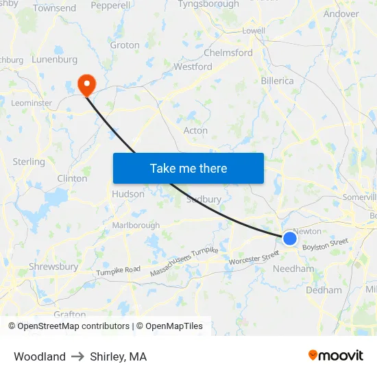 Woodland to Shirley, MA map