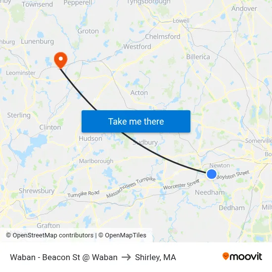 Waban - Beacon St @ Waban to Shirley, MA map