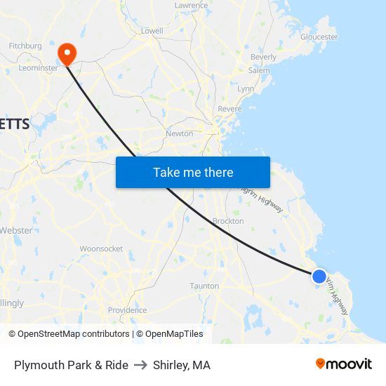 Plymouth Park & Ride to Shirley, MA map