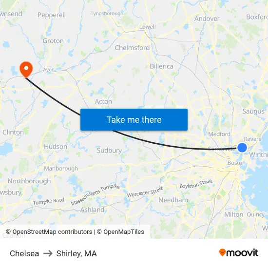Chelsea to Shirley, MA map