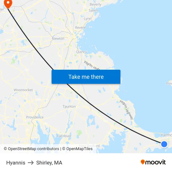 Hyannis to Shirley, MA map