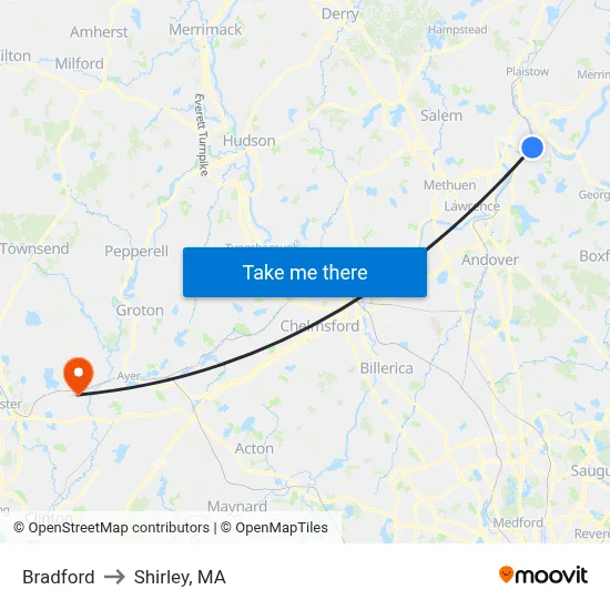Bradford to Shirley, MA map
