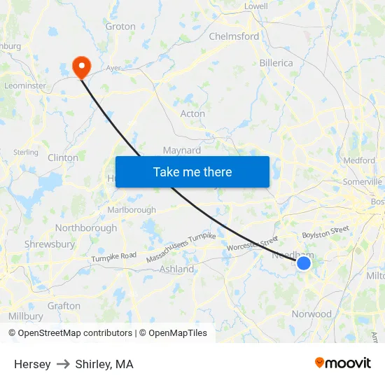 Hersey to Shirley, MA map