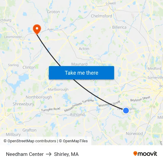 Needham Center to Shirley, MA map