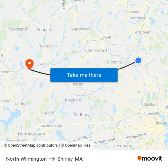 North Wilmington to Shirley, MA map