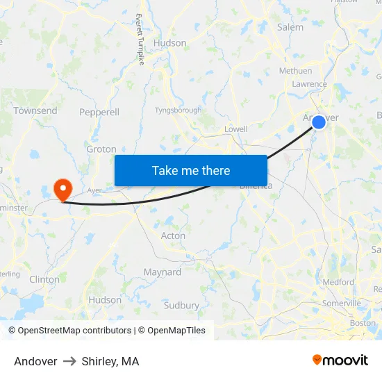 Andover to Shirley, MA map