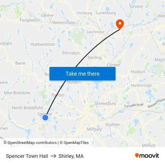 Spencer Town Hall to Shirley, MA map