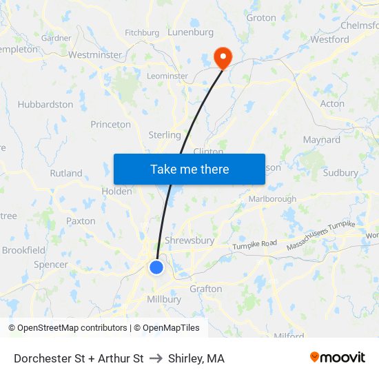 Dorchester St + Arthur St to Shirley, MA map