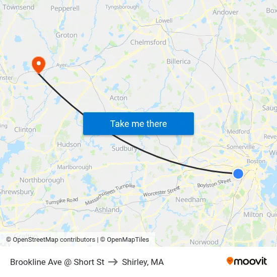 Brookline Ave @ Short St to Shirley, MA map