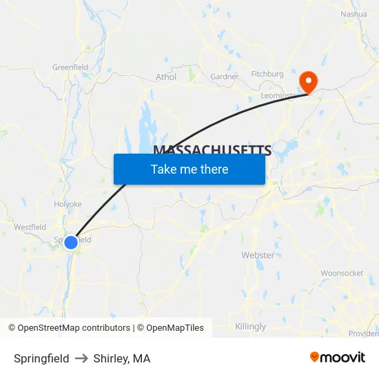 Springfield to Shirley, MA map