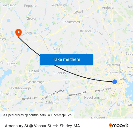 Amesbury St @ Vassar St to Shirley, MA map