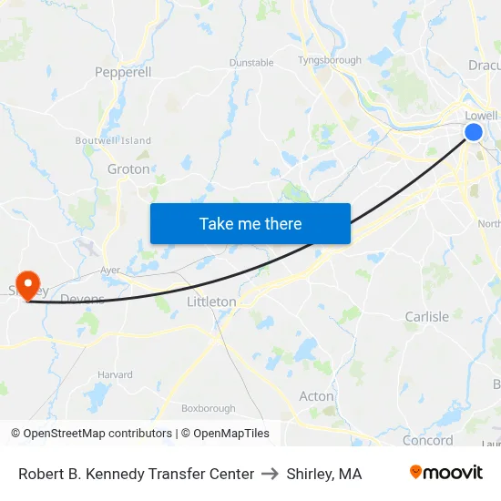 Robert B. Kennedy Transfer Center to Shirley, MA map