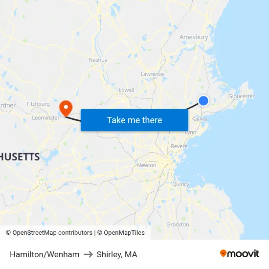 Hamilton/Wenham to Shirley, MA map