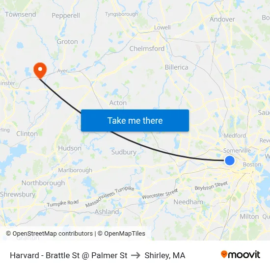 Harvard - Brattle St @ Palmer St to Shirley, MA map