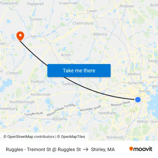 Ruggles - Tremont St @ Ruggles St to Shirley, MA map