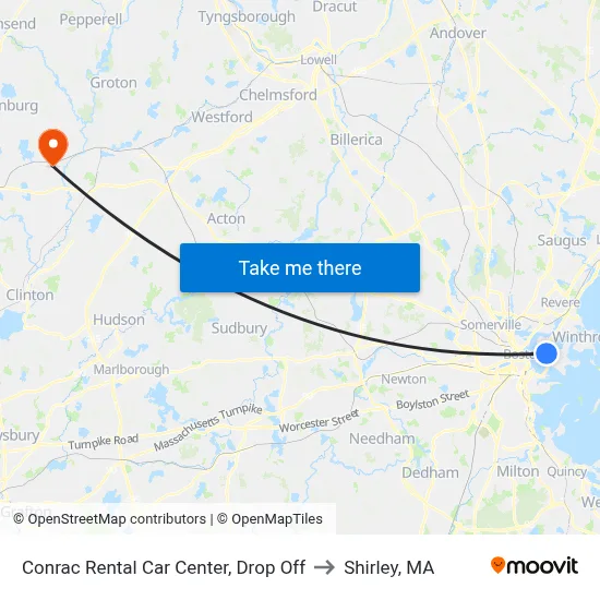 Conrac Rental Car Center, Drop Off to Shirley, MA map