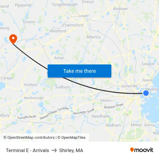 Terminal E - Arrivals to Shirley, MA map