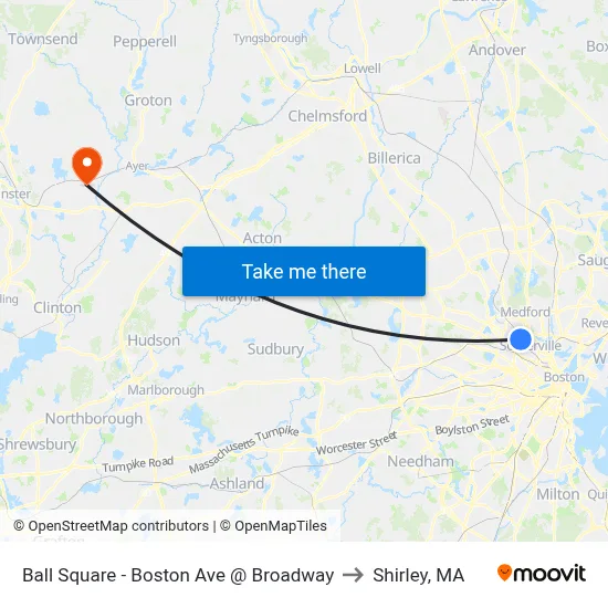Ball Square - Boston Ave @ Broadway to Shirley, MA map