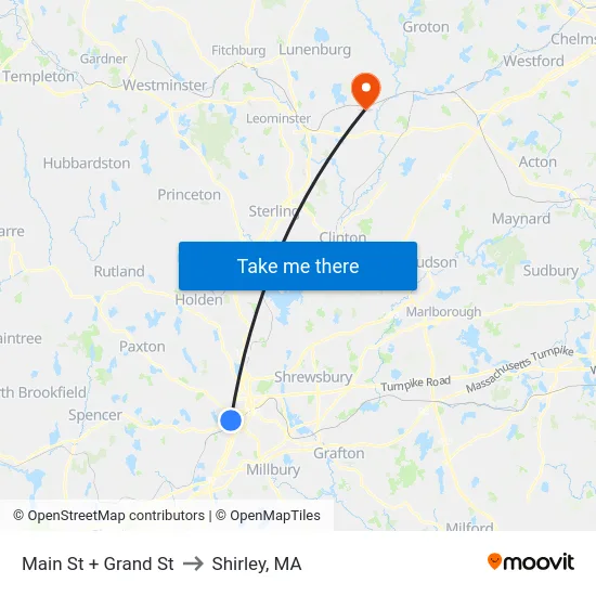 Main St + Grand St to Shirley, MA map