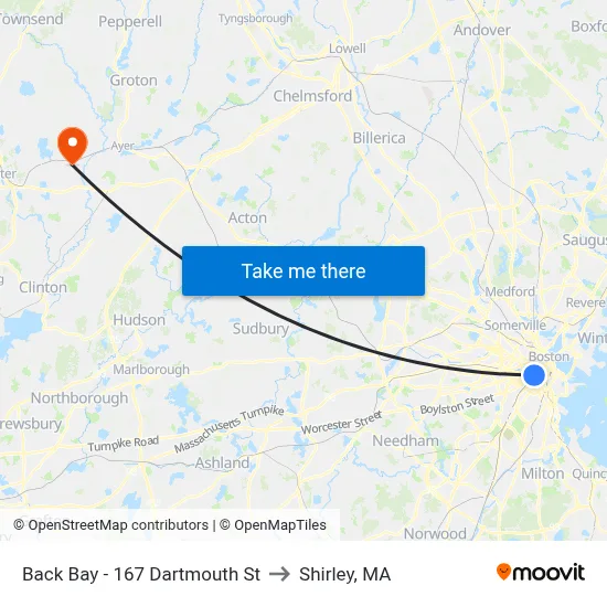 Back Bay - 167 Dartmouth St to Shirley, MA map