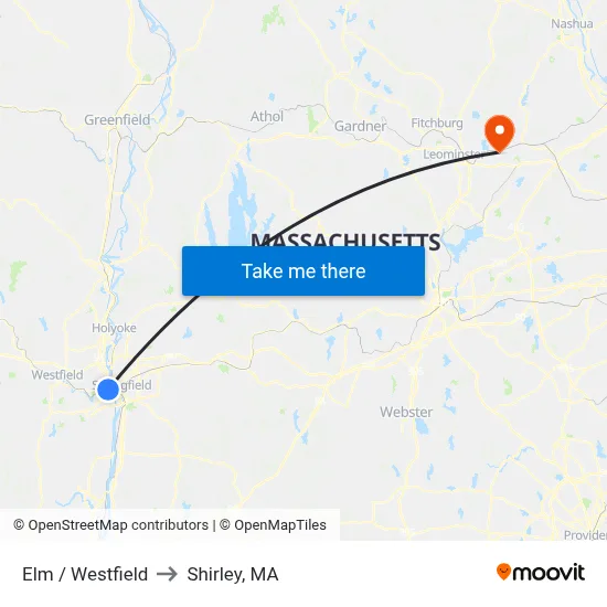 Elm / Westfield to Shirley, MA map