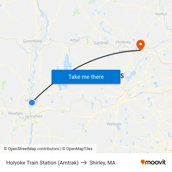 Holyoke Train Station (Amtrak) to Shirley, MA map