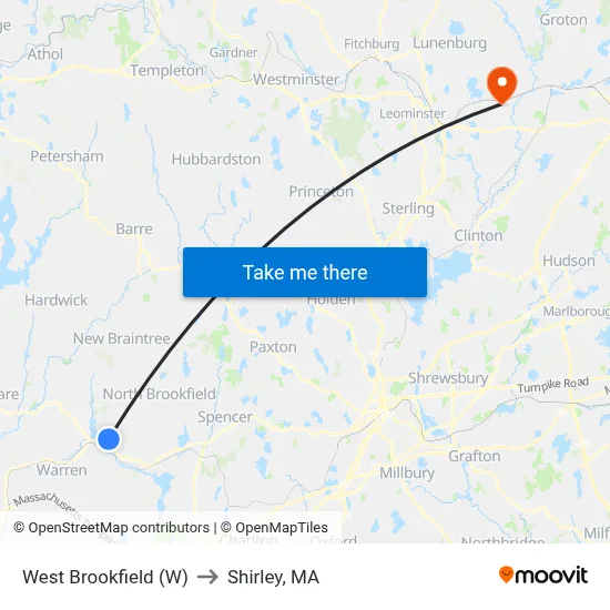 West Brookfield (W) to Shirley, MA map