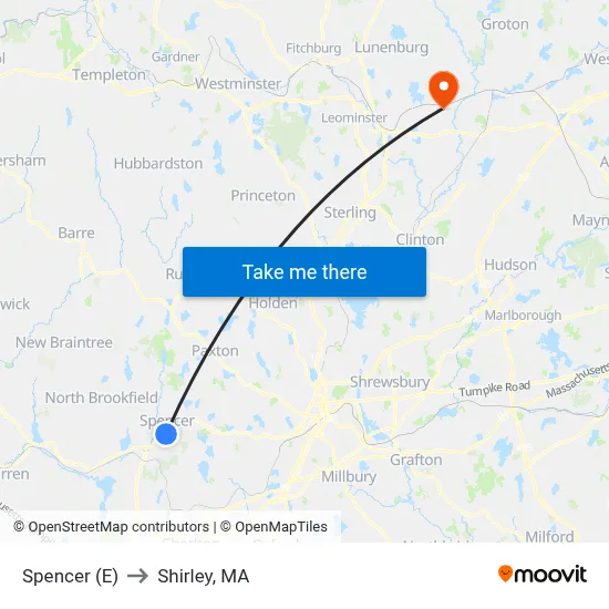 Spencer (E) to Shirley, MA map