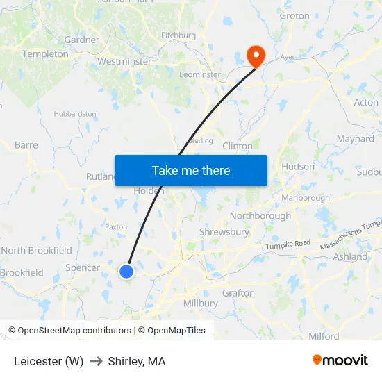 Leicester (W) to Shirley, MA map